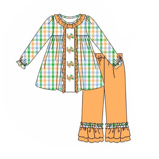 (Custom Design Preorder MOQ 5) Turkey Plaid Long Sleeve Tunic Top Orange Pants Girls Thanksgiving Clothes Set