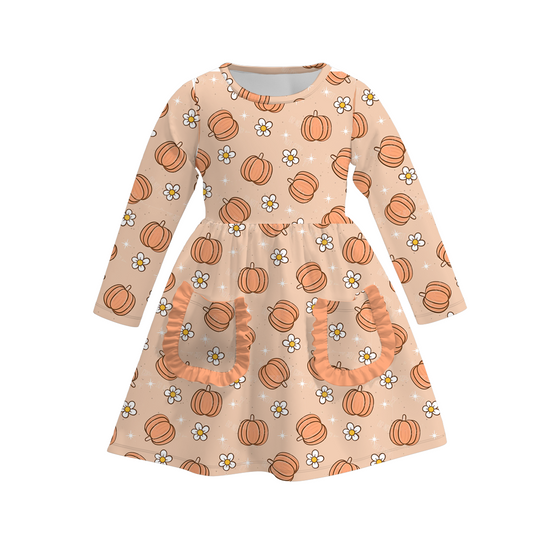 (Custom Design Preorder MOQ 5) Pumpkin Flowers Print Girls Knee Length Fall Dress