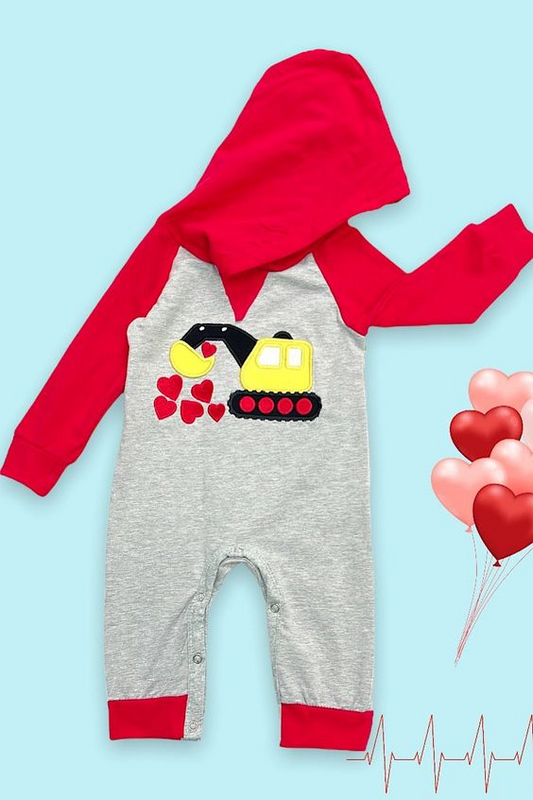 (Custom Design MOQ 5) Construction Heart Print Baby Boys Valentine's Hoodie Romper