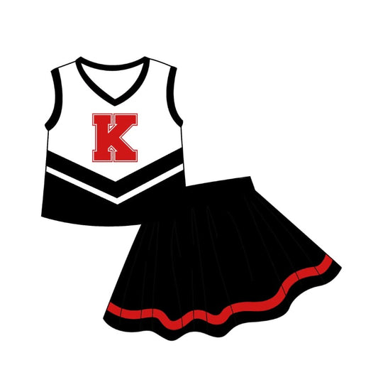 (Custom Design Preorder MOQ 5) Team's K Black Print Skirts With Shorts Girls Clothes Sets