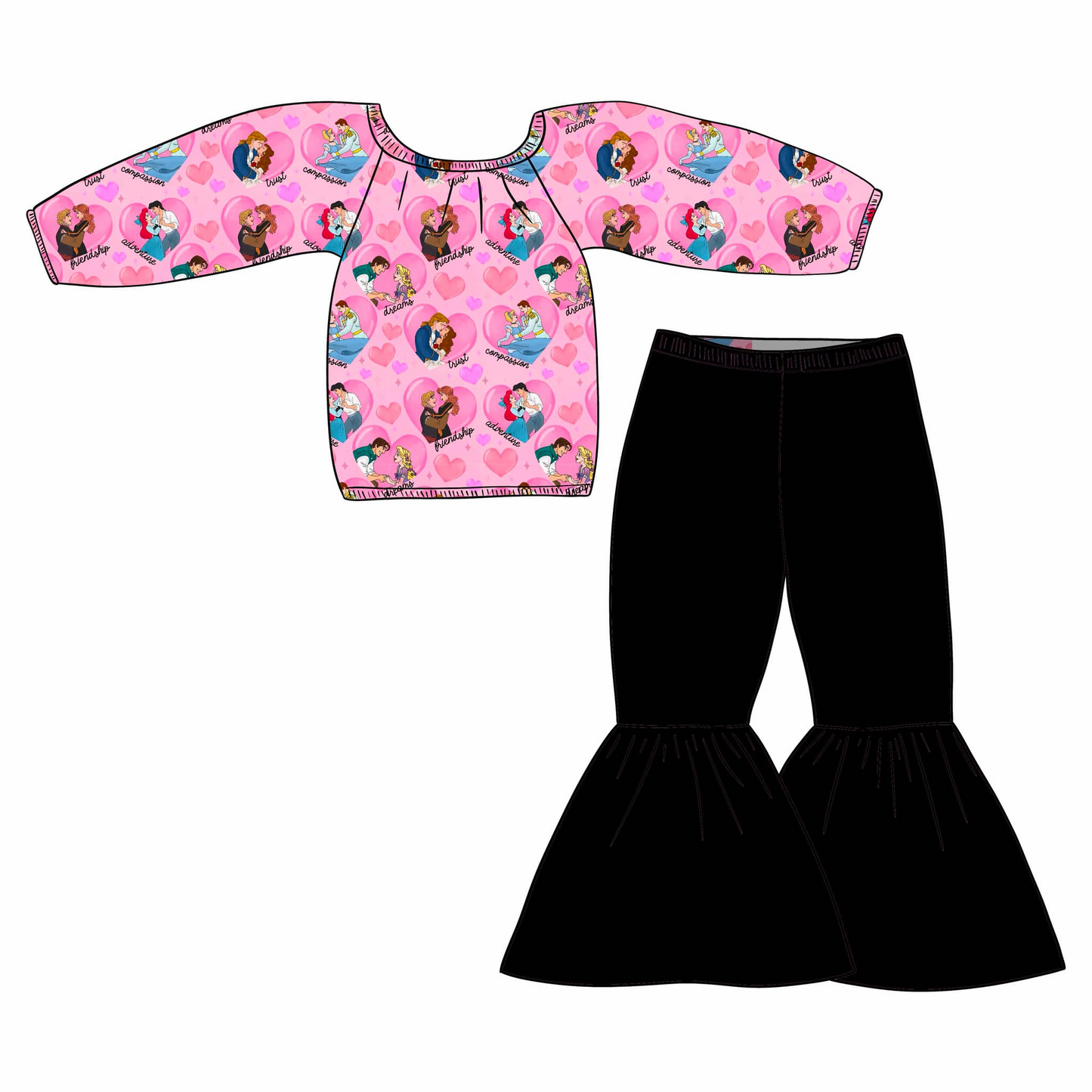 (Split Order Preorder) Deadline November 30 Cartoon Princess Heart Top Black Bell Pants Girls Valentine's Day Clothes Set