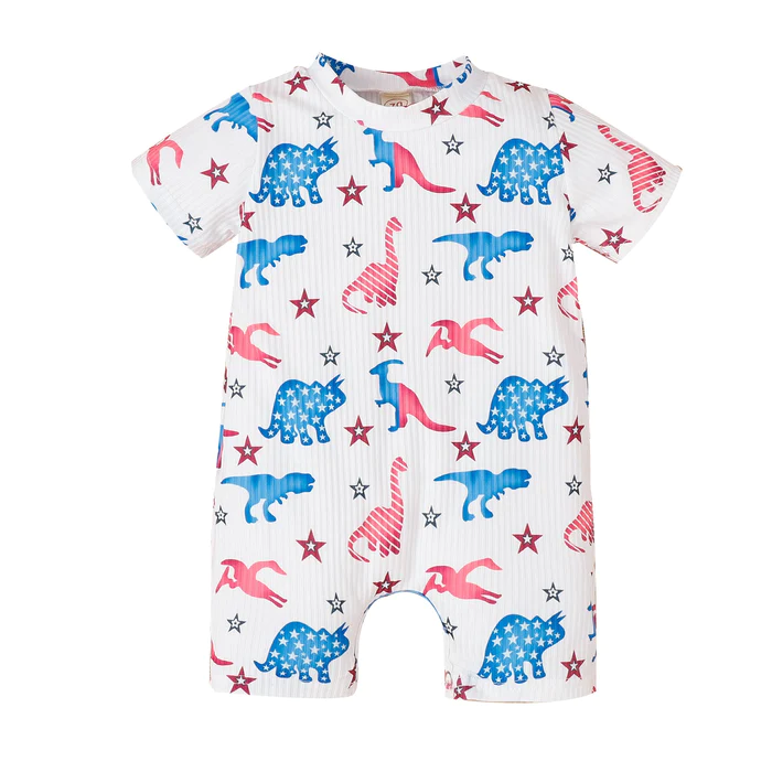(Custom Design Preorder MOQ 5) Dino Stars Print Baby 4th of July Romper