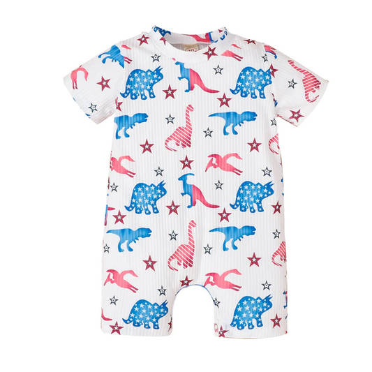 (Custom Design Preorder MOQ 5) Dino Stars Print Baby 4th of July Romper
