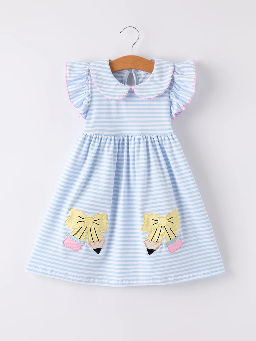(Custom Design Preorder MOQ 5) Pen Bows Stripes Print Girls Back to School Knee Length Dress