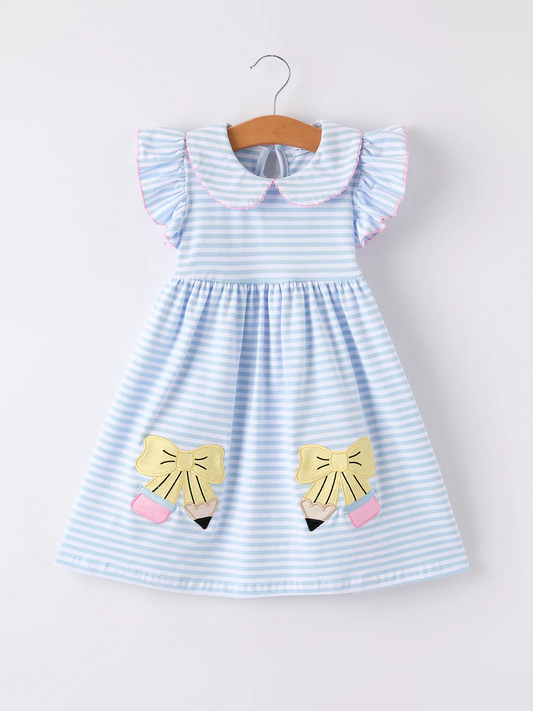 (Custom Design Preorder MOQ 5) Pen Bows Stripes Print Girls Back to School Knee Length Dress