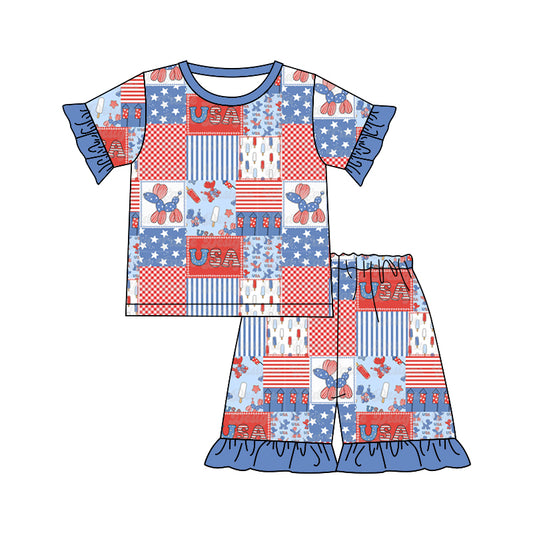 1.3(Custom Design Preorder MOQ 5) Balloon Dog USA Print Girls 4th of July Pajamas Clothes Set