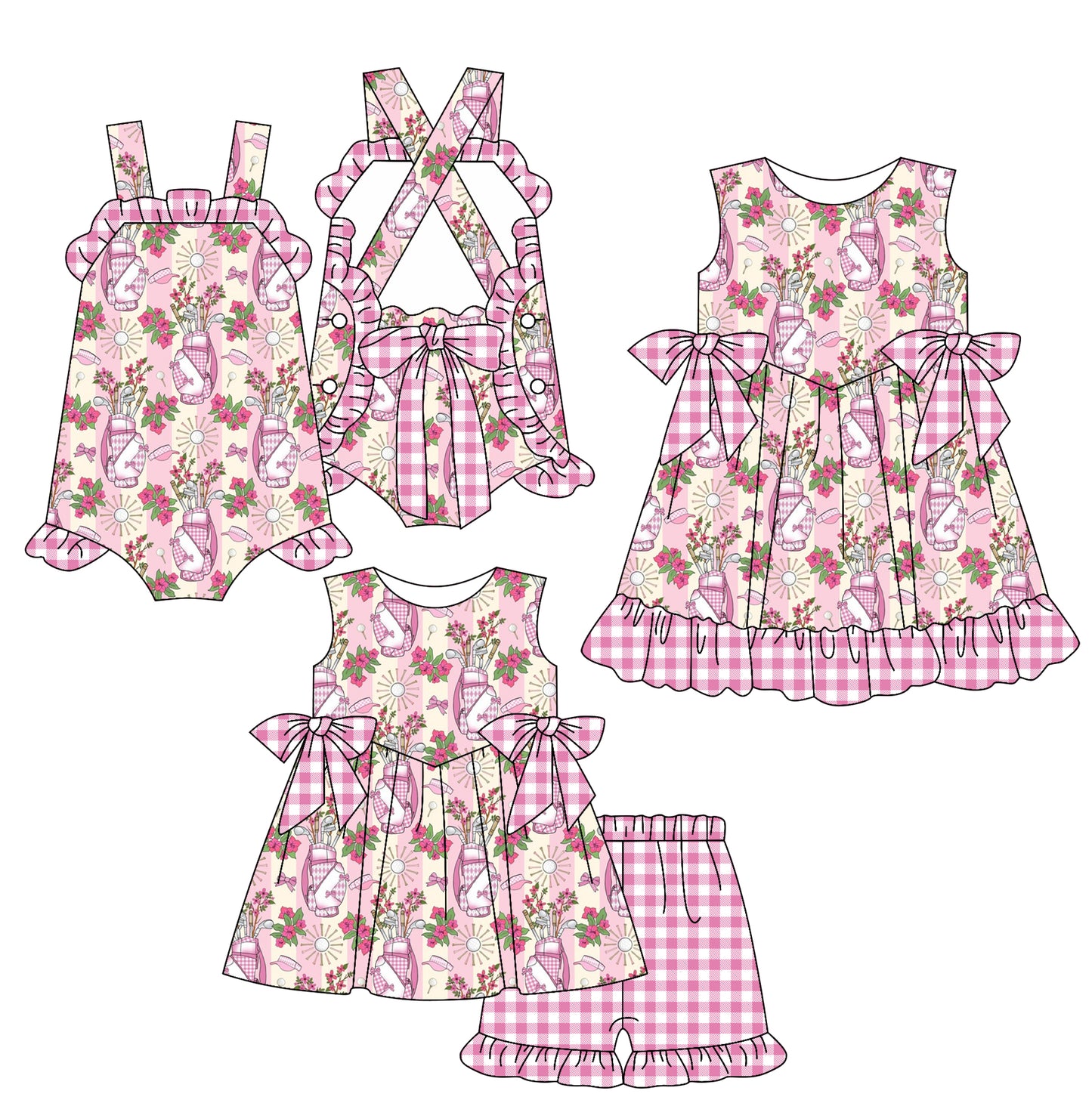 12.9 (Custom Design Preorder MOQ 5 Each Design) Golf Flowers Stripes Print Girls Summer Matching Clothes Sisters Wear
