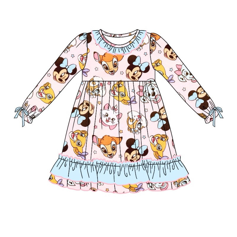 (Custom Design Preorder MOQ 5)  Cartoon Animals Print Girls Knee Length Fall Dress