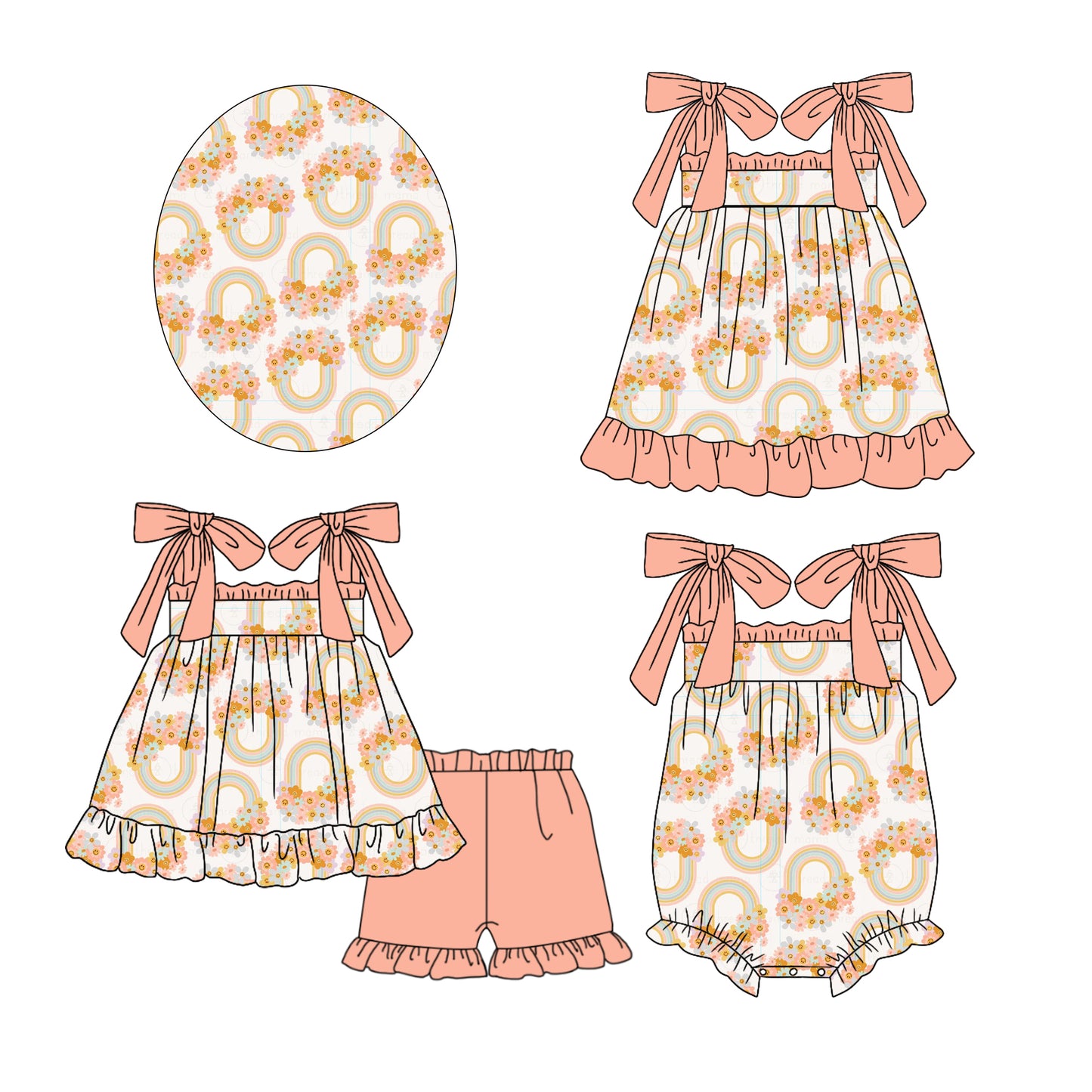 12.13(Custom Design Preorder MOQ 5 Each Design) Rainbow Flowers Orange Print Girls Summer Matching Clothes Sisters Wear