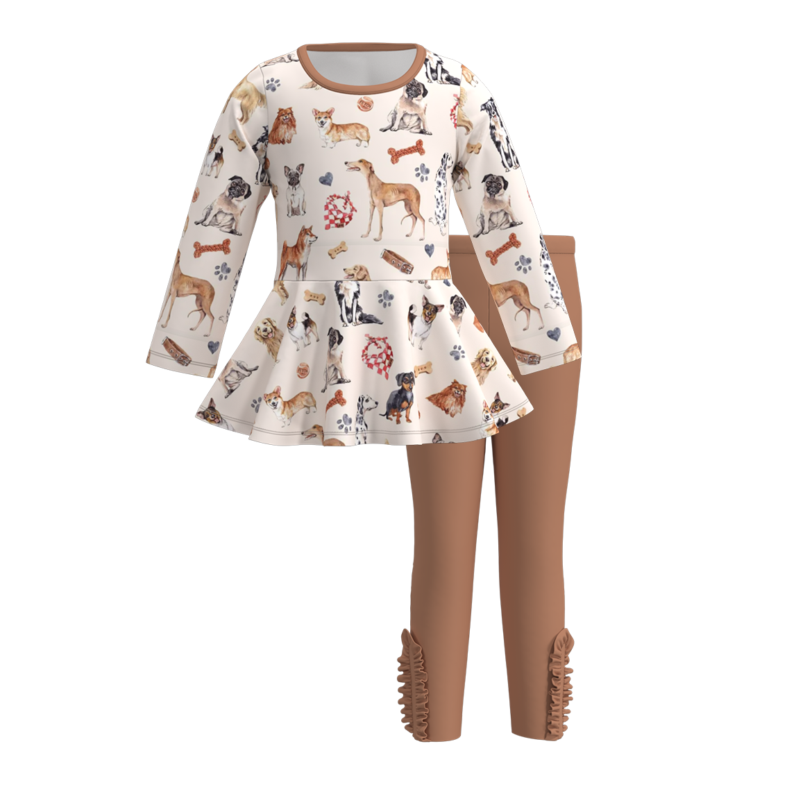 (Custom Design Preorder MOQ 5) Dogs Tunic Top Brown Pants Girls Fall Clothes Set