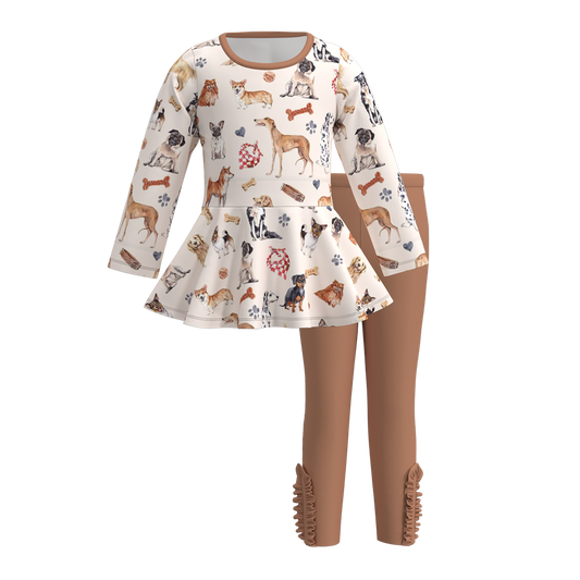 (Custom Design Preorder MOQ 5) Dogs Tunic Top Brown Pants Girls Fall Clothes Set