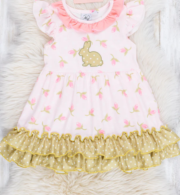 (Custom Design Preorder MOQ 5) Bunny Flowers Print Ruffle Girls Easter Knee Length Dress