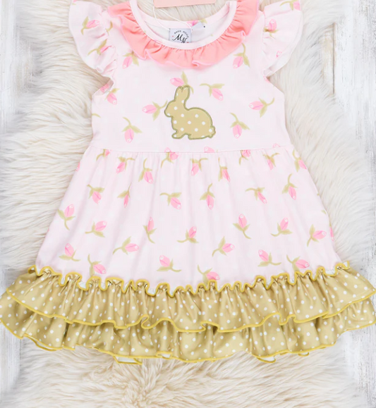 (Custom Design Preorder MOQ 5) Bunny Flowers Print Ruffle Girls Easter Knee Length Dress