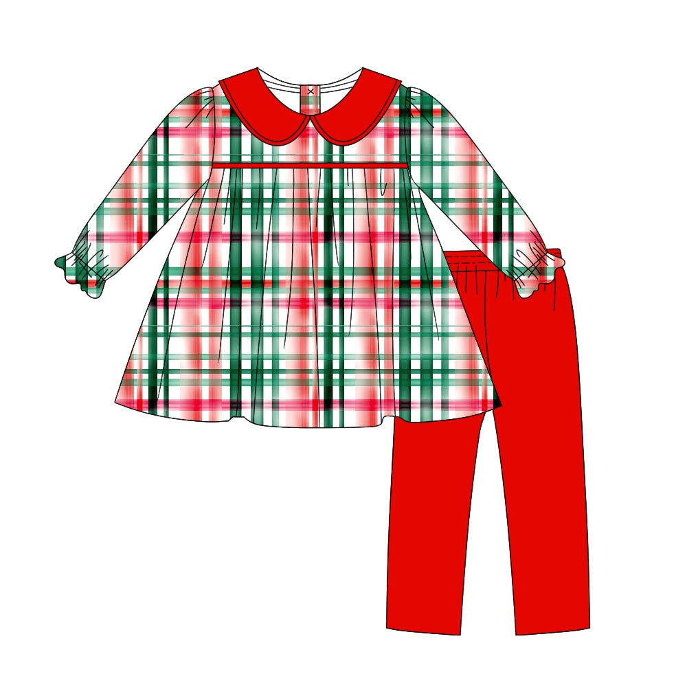 (Custom Design Preorder MOQ 5) Red Green Plaid Tunic Top Legging Pants Girls Christmas Clothes Set