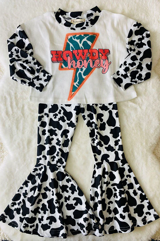 (Custom Design Preorder MOQ 5) Howdy Honey Print Cow Bell Pants Girls Clothes Set