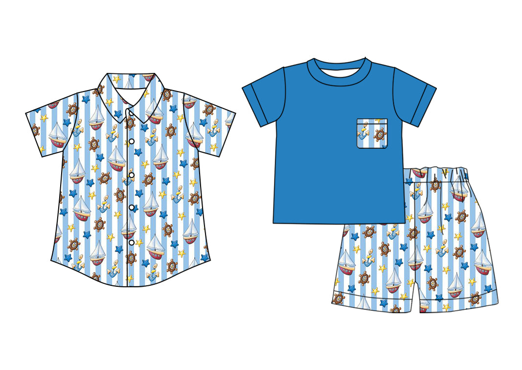 5.23(Custom Design Preorder MOQ 5 Each Design) Boat Anchor Print Boys Summer Matching Clothes Brothers Wear