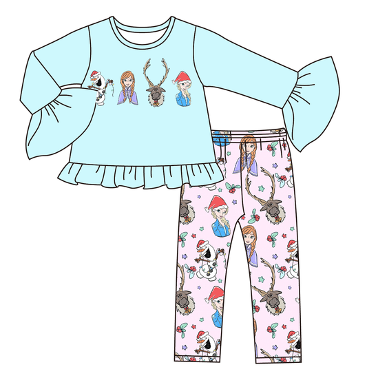 (Custom Design Preorder MOQ 5) Cartoon Princess Holly Print Girls Christmas Clothes Set