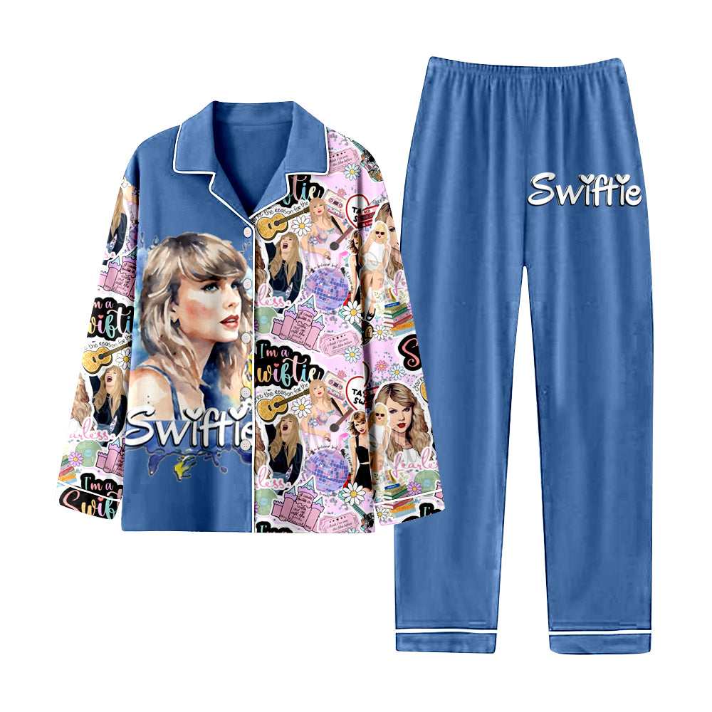 12.12(Custom Design Preorder MOQ 5) Singer Swiftie Blue Print Girls Buttons Pajamas Clothes Set