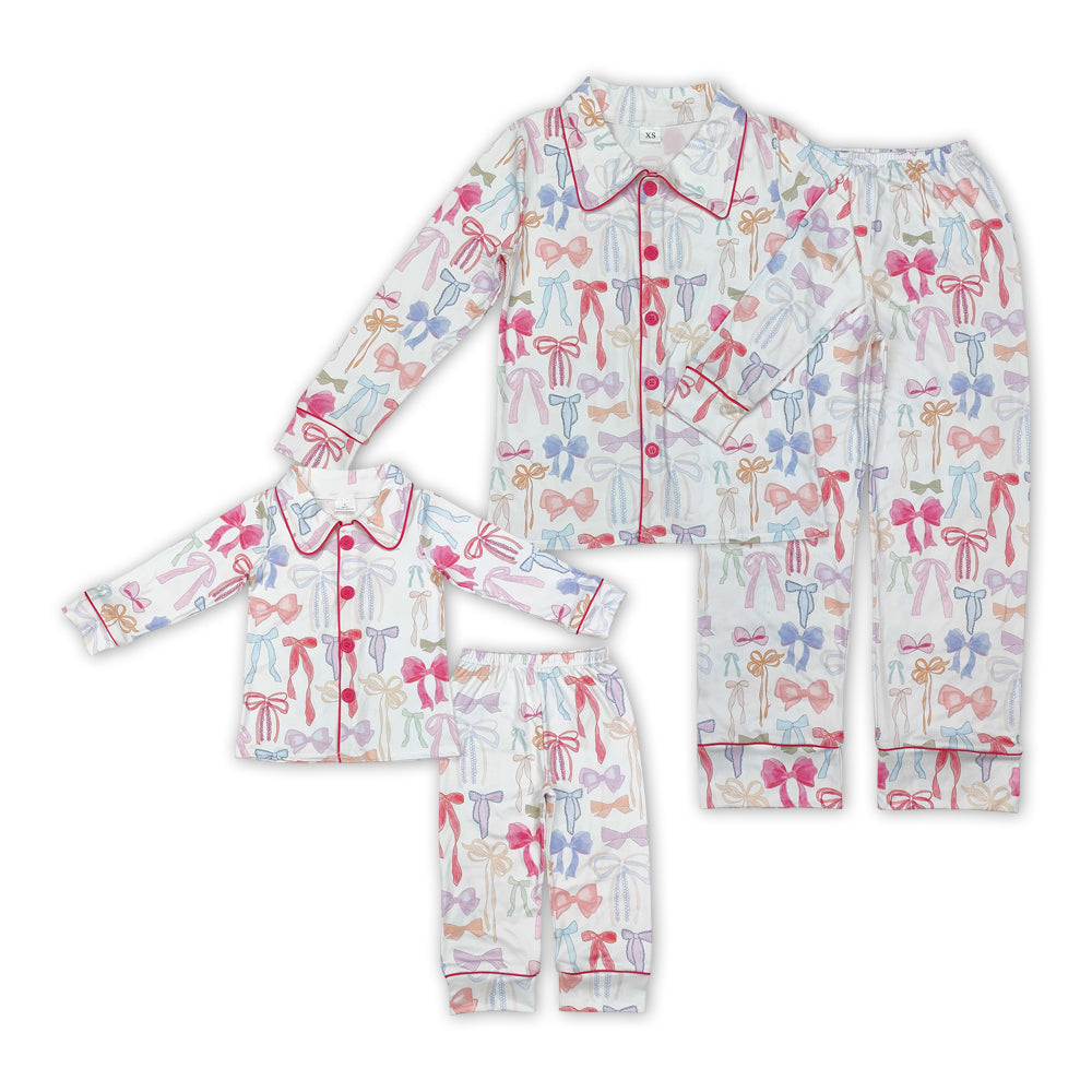 Colorful Bows Print Mom and Me Matching Buttons Pajamas Clothes Set