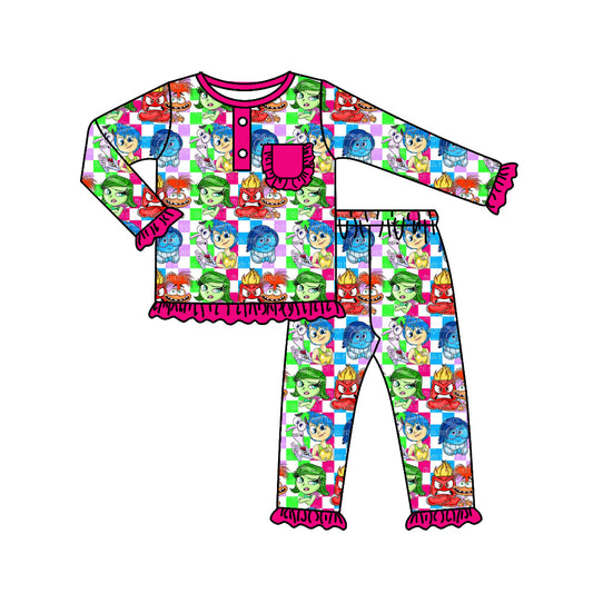 (Custom Design Preorder MOQ 5) Cartoon Figure Inside Out Hotpink Print Boys Bamboo Pajamas Clothes Set