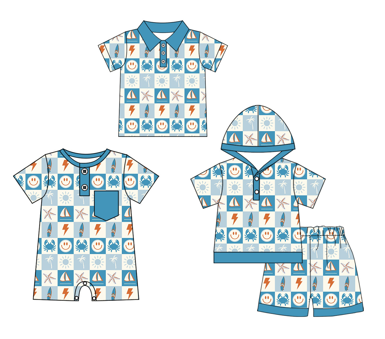 3.29(Custom Design Preorder MOQ 5 Each Design) Smiling Face Plaid Print Boys Summer Matching Clothes Brothers Wear