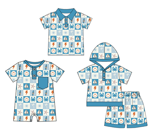 3.29(Custom Design Preorder MOQ 5 Each Design) Smiling Face Plaid Print Boys Summer Matching Clothes Brothers Wear