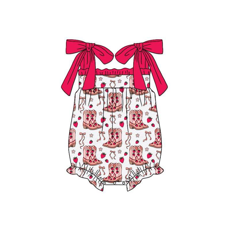(Custom Design Preorder MOQ 5)  Strawberry Boots Print Baby Girls Summer Romper