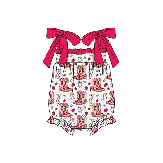 (Custom Design Preorder MOQ 5)  Strawberry Boots Print Baby Girls Summer Romper
