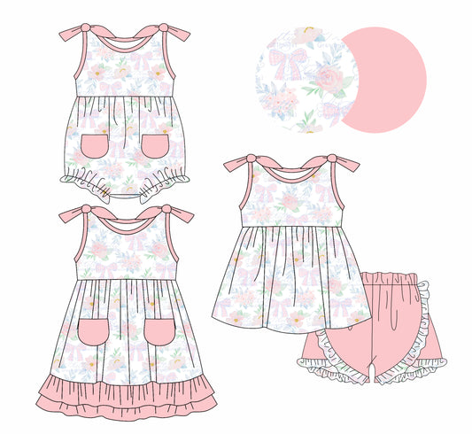 1.7(Custom Design Preorder MOQ 5 Each Design) Flowers Pink Bows Print Girls Summer Matching Clothes Sisters Wear