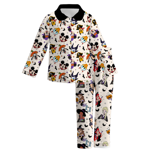 (Custom Design Preorder MOQ 5)  Cartoon Figure Print Girls Halloween Buttons Pajamas Clothes Set