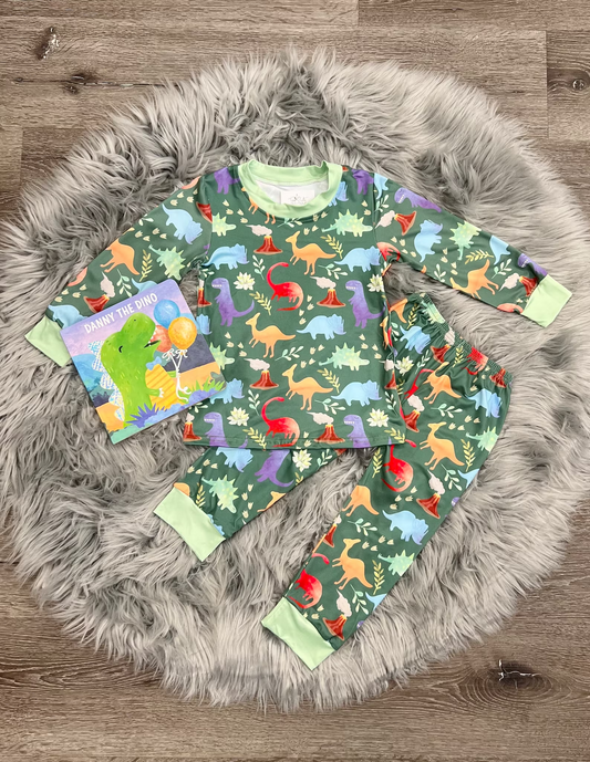 (Custom Design Preorder MOQ 5)  Colorful Dino Green Print Boys Pajamas Clothes Set