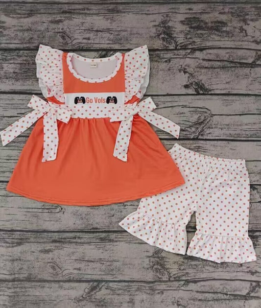 (Custom Design Preorder MOQ 5) Team's Orange Vols Top Dots Shorts Girls Summer Clothes Set