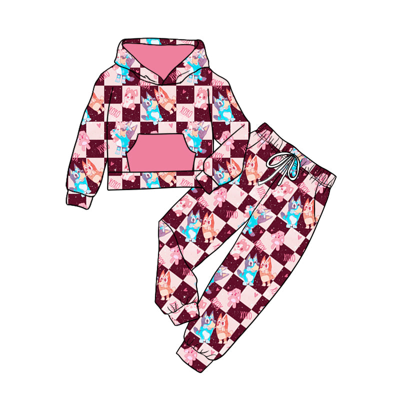 (Custom Design Preorder MOQ 5) Cartoon Dog Print Girls Valentine's Day Hoodie Clothes Set