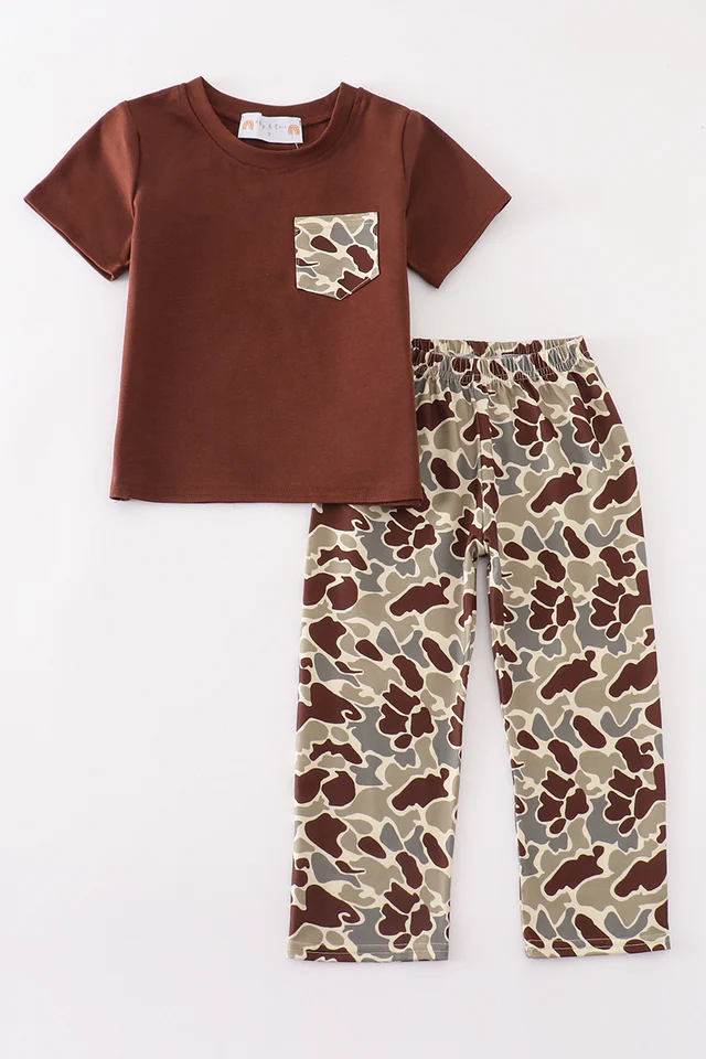 (Custom Design Preorder MOQ 5) Brown Pocket Top Camo Pants Boys Clothes Set