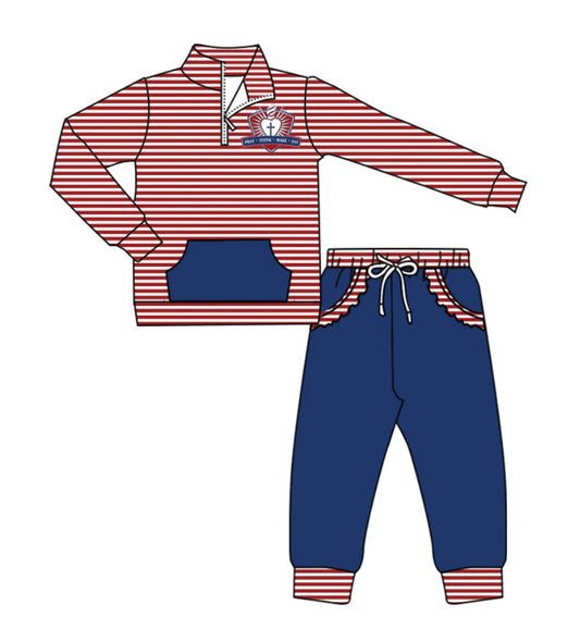 (Custom Design Preorder MOQ 5)  Team's St. Margaret Mary Stripes Zipper Top Pockets Pants Girls Clothes Set