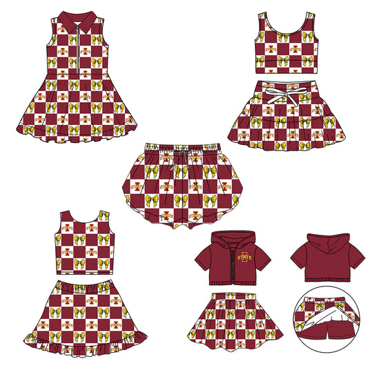 (Custom Design Preorder MOQ 5 Each Color) Team's Iowa State Cyclones Bows Plaid Print Girls Summer Clothes Sisters Matching Wear