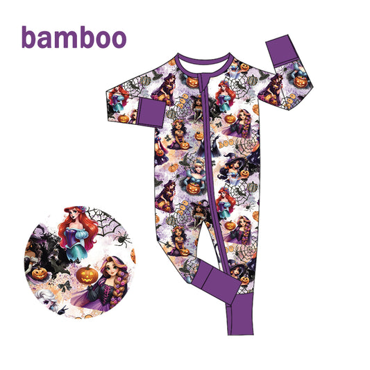 (Custom Design Preorder MOQ 20) Cartoon Princess Pumpkin Print Baby Halloween Long Sleeve Bamboo Sleeper Zipper Romper