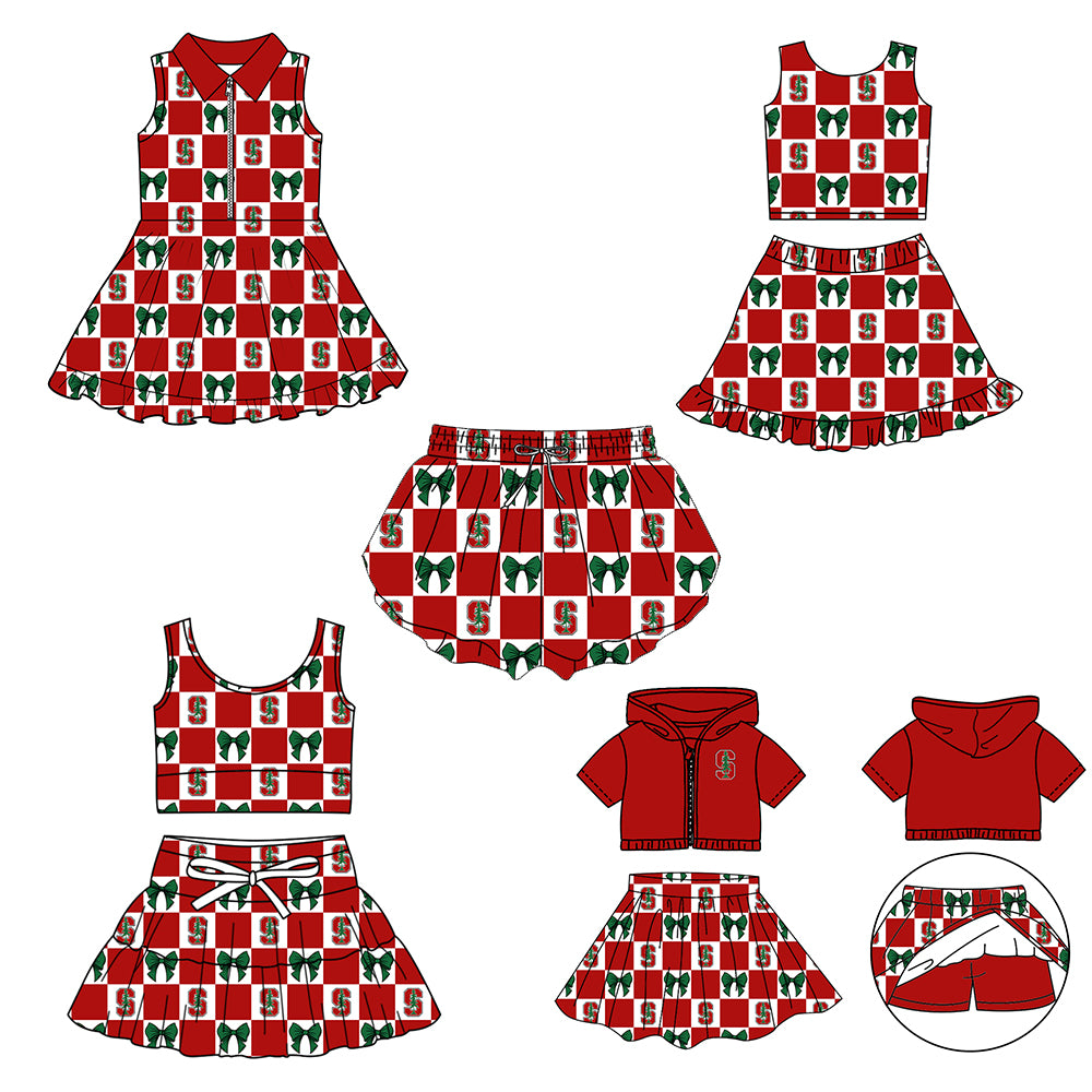 (Custom Design Preorder MOQ 5 Each Color) Team's Stanford Cardinal Bows Plaid Print Girls Summer Clothes Sisters Matching Wear