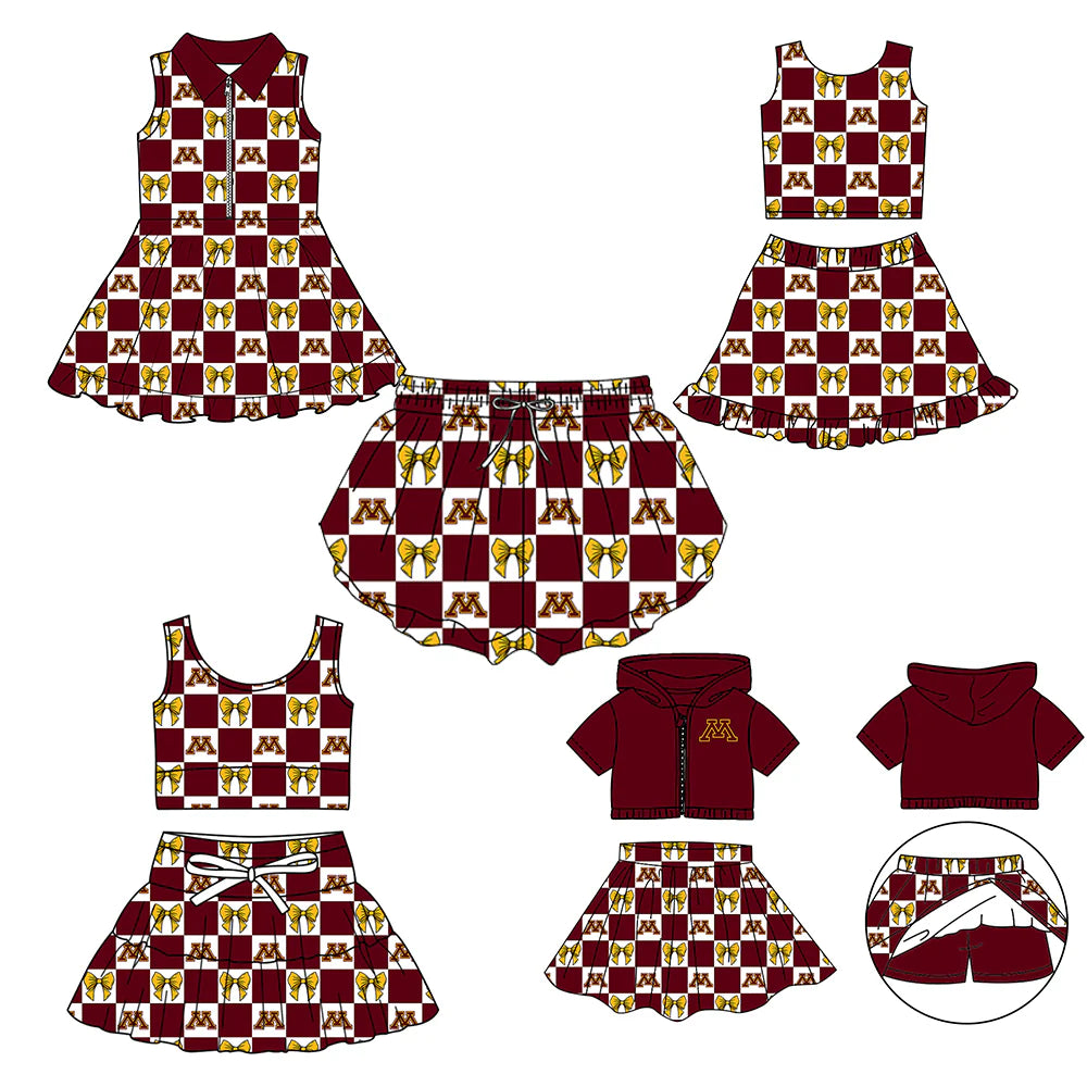 (Custom Design Preorder MOQ 5 Each Color) Team's Minnesota Bows Plaid Print Girls Summer Clothes Sisters Matching Wear