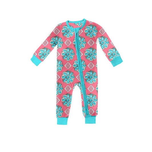 (Custom Design Preorder MOQ 5) NO.32 Turquoise Aztec Print Baby Zip Romper