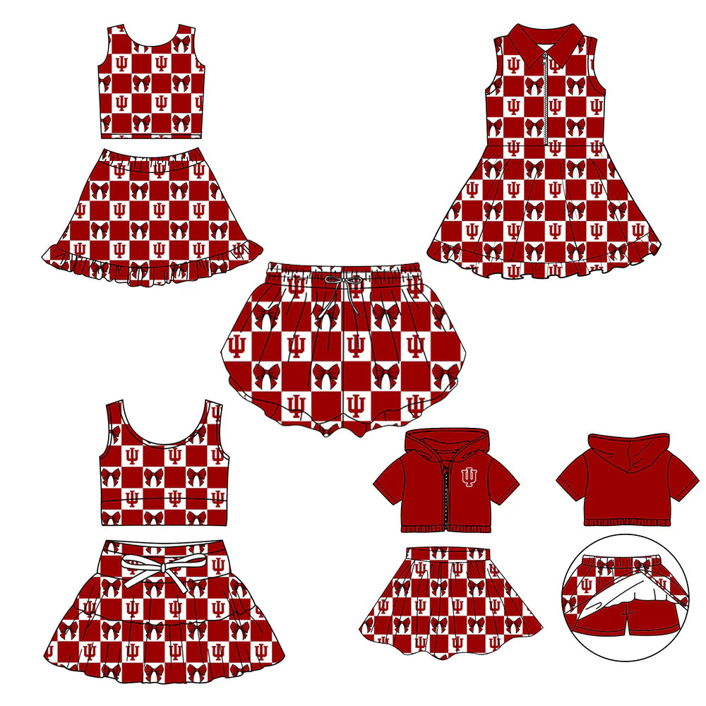 (Custom Design Preorder MOQ 5 Each Color) Team's Indiana Bows Plaid Print Girls Summer Clothes Sisters Matching Wear