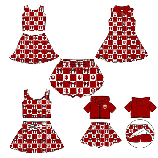 (Custom Design Preorder MOQ 5 Each Color) Team's Indiana Bows Plaid Print Girls Summer Clothes Sisters Matching Wear