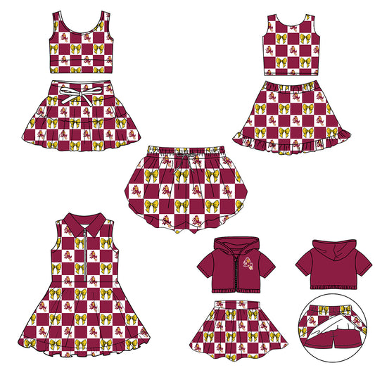 (Custom Design Preorder MOQ 5 Each Color) Team's Arizona State Sun Devils Bows Plaid Print Girls Summer Clothes Sisters Matching Wear