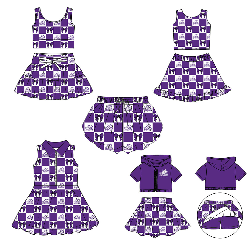 (Custom Design Preorder MOQ 5 Each Color) Team's TCU Horned Frogs Bows Plaid Print Girls Summer Clothes Sisters Matching Wear