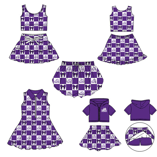 (Custom Design Preorder MOQ 5 Each Color) Team's TCU Horned Frogs Bows Plaid Print Girls Summer Clothes Sisters Matching Wear