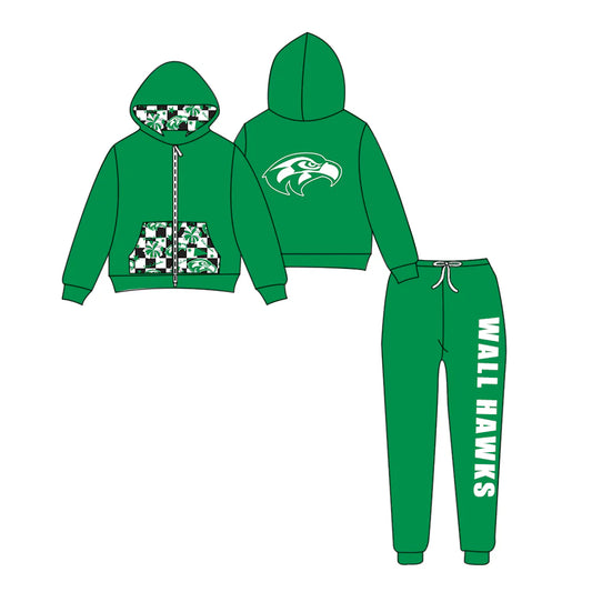 (Custom Design Preorder MOQ 5) Team's WALL HAWKS Zipper Hoodie Top Green Pants Kids Fall Clothes Set
