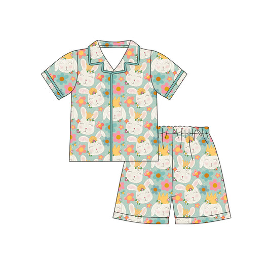 12.10 (Custom Design Preorder MOQ 5)  Bunny Flowers Print Girls Easter Buttons Pajamas Clothes Set