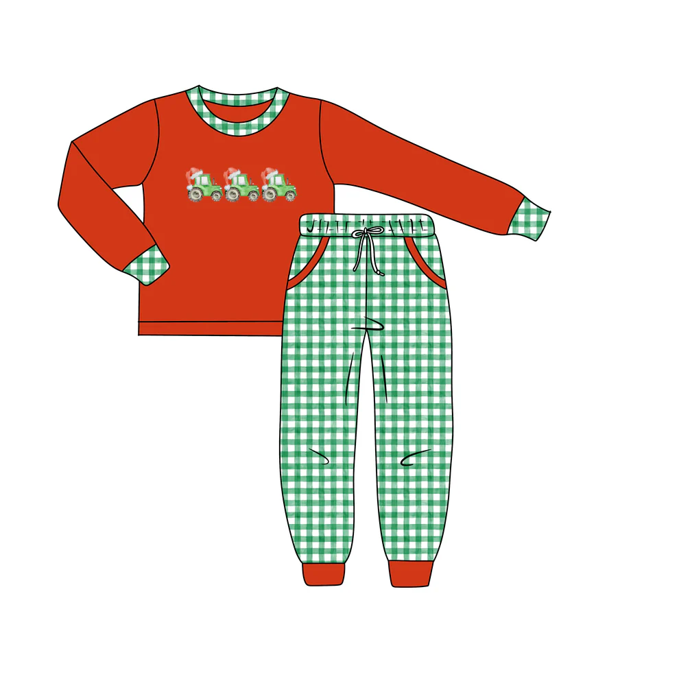 (Custom Design Preorder MOQ 5)   Tractors Top Plaid Pants Boys Christmas Clothes Set