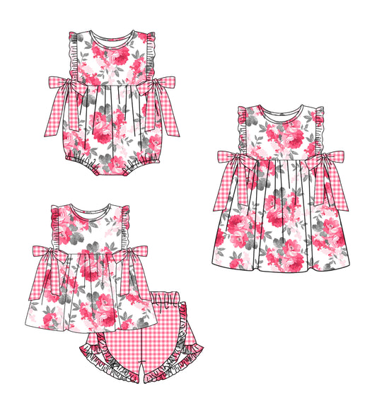 12.12(Custom Design Preorder MOQ 5 Each Design) Pink Flowers Print Girls Summer Matching Clothes Sisters Wear