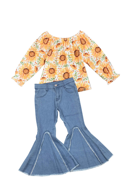 (Custom Design Preorder MOQ 5) Sunflowers Top Light Blue Denim Pants Girls Clothes Set